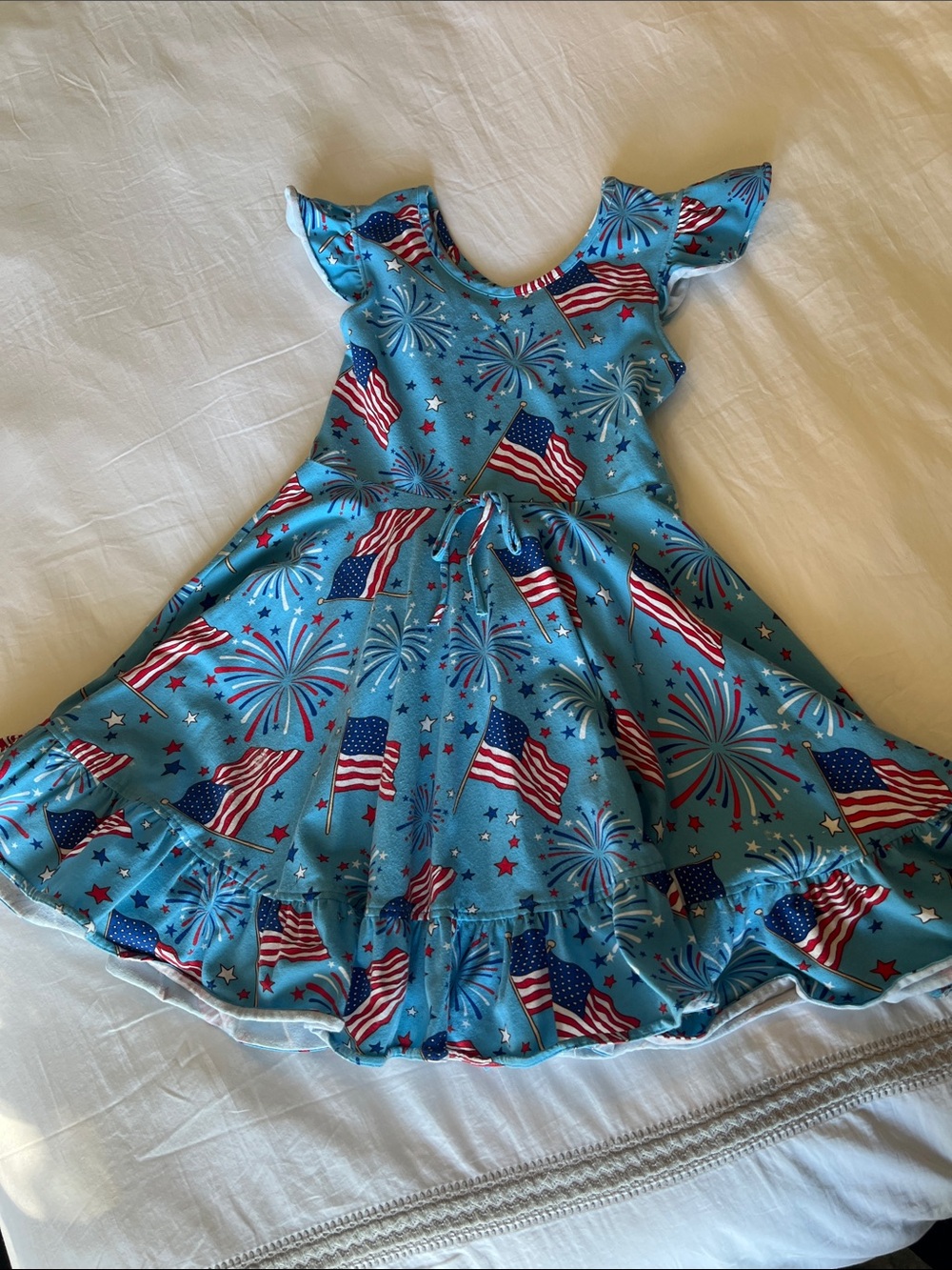 Eleanor Rose Girls' Blue Fireworks & Flag Print Twirl Dress 7-8